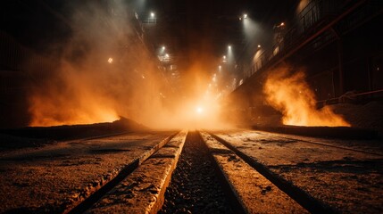 Naklejka premium Steelworks Interior with Molten Metal and Steam, Industrial Photography