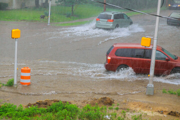 Cars drive through flooded city streets during intense rainfall, showcasing impact of severe...