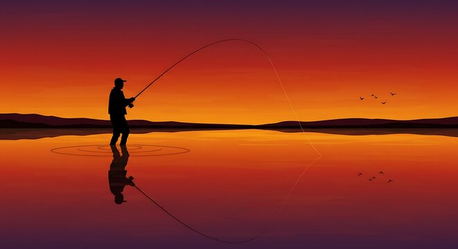 Fisherman silhouette standing with fishing rod under glowing orange sky