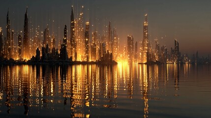 Gleaming futuristic metropolis at dusk, bathed in warm golden light, with mesmerizing reflections dancing on the tranquil water's surface, evoking wonder and boundless possibility