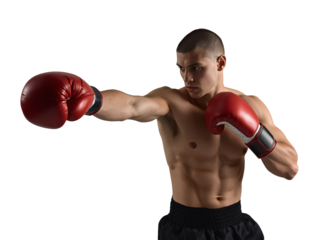 Focused boxer in offensive position, demonstrating powerful stance and concentration isolated