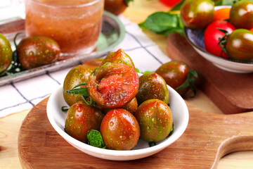 Fresh Cut Cherry Tomatoes in Bowl - Colorful Still Life Food Display