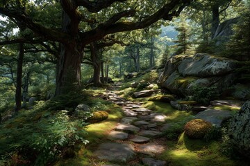 Dappled sunlight on mossy path under red oak canopy