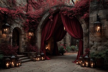 Crimson vine draping over stone arch
