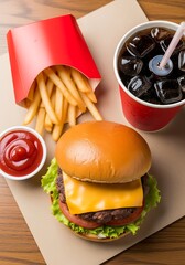 Delicious cheeseburger meal with fries, ketchup, and cool drink on wooden surface