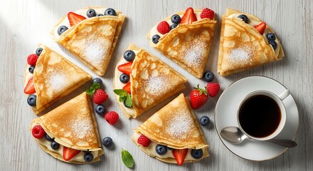 Delicious crepes with fresh berries and powdered sugar, a delightful treat