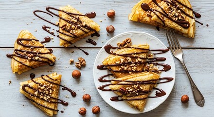 Delicious crepes with luscious chocolate drizzle and crunchy hazelnut topping