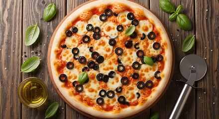 Delicious homemade pizza with olives on a wooden table, top down view