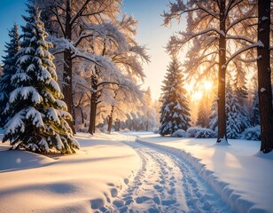 Winter wonderland scene. Sunbeams illuminate snow-covered trees and path