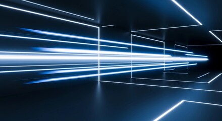 Abstract blue neon light tunnel with speed lines digital technology background