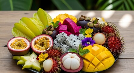 Display of assorted exotic tropical fruits, vibrant colors and refreshing flavors