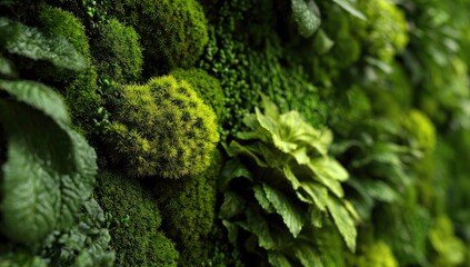 Close up of a vibrant green living wall texture with diverse foliage.