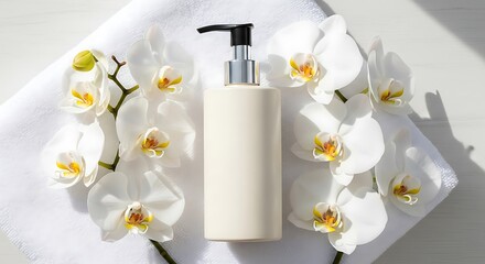 Elegant display of skincare product with orchids on soft towel setting