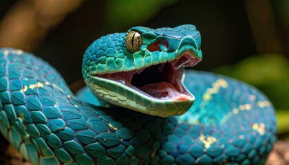 Stunning close-up of a turquoise viper with wide-open jaws, revealing pink interior; coiled against dark foliage
