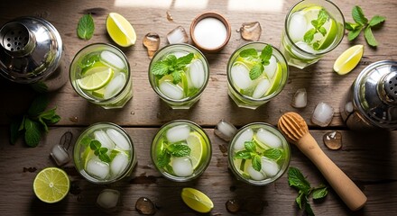 Refreshing mojitos on rustic wood surface, preparing for convivial gathering