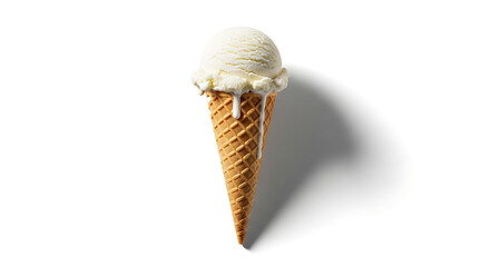 A single scoop of vanilla ice cream on a crispy cone, a classic dessert. 