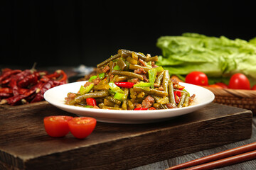 Stir-Fried Pickled Mustard Greens with Minced Pork and Peppers on Wooden Board
