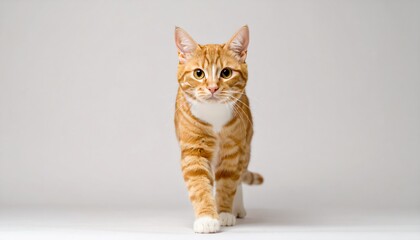 An orange tabby cat strides forward on a plain white surface, its gaze direct, and fur vividly patterned against the neutral backdrop