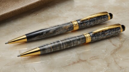 Elegant luxury pens with golden accents and unique design placed on marble surface with textured fabric in background