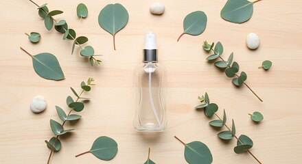 Refreshing spa ambiance with clear bottle and eucalyptus botanical arrangement