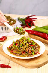 Stir-Fried Pickled Green Beans with Minced Pork and Chili Peppers Asian Cuisine Dish