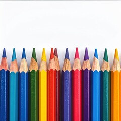 A row of colored pencils in varying shades sits against a stark white background, neatly organized and ready for a creative project