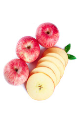 Fresh Red Striped Fuji Apples from Yantai China Whole and Sliced on White Background