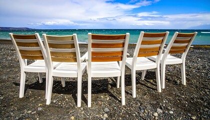 White chairs on a pebbled beach, ocean view