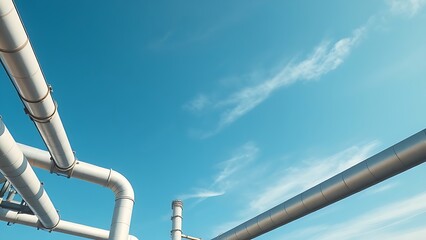 Geometric industrial structures against a clear blue sky, symbolizing modern energy concepts.