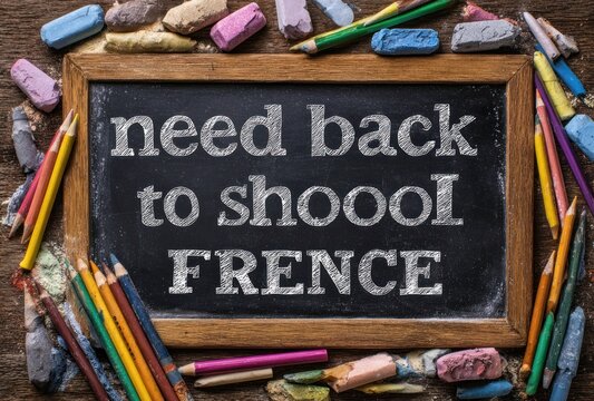 Chalkboard in dark wood, reads "need back to shooool FRENCE", adorned with colorful chalks and pencils on wood background
