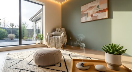 Relaxing interior space features comfortable chair, soft lighting and natural elements