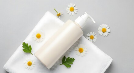Relaxing spa treatment display featuring lotion, towel, and chamomile blooms