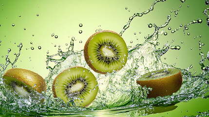 An artistic splash moment with kiwi slices in mid-air, droplets frozen around them on a gradient lime green background,