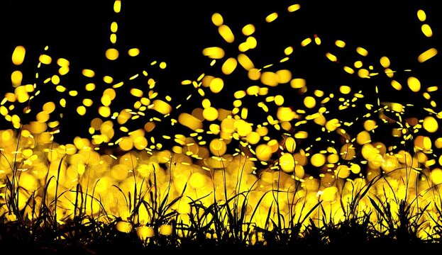 Yellow lights exploding from grass at night