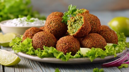 Freshly Made Falafel Balls on a Plate with Green Herbs, Dip, and Vegetables Surrounded by Bright Natural Light