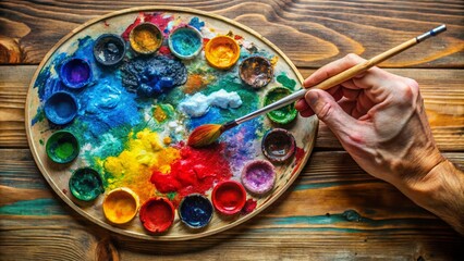 Colorful paint brushes and an artist's palette with vibrant red, yellow, and blue colors ready for a painting