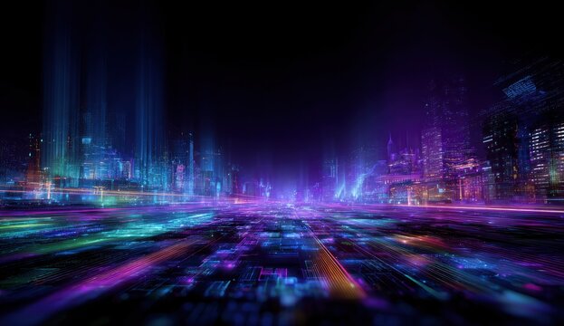 Futuristic Cityscape: Neon Lights and Digital Flow