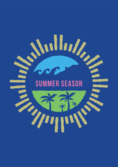 Colorful Summer Season Logo with Palm Trees Waves and Sunburst Design.