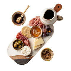 Artfully arranged charcuterie board with cured meats, cheeses, olives, grapes, crackers, honey, and dipping sauce, overhead view.
