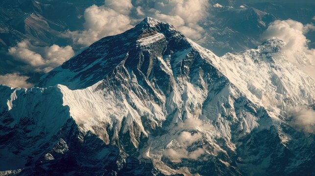 High-angle view of snow-capped mountain peak, clouds and valleys