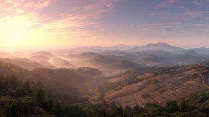Majestic Sunrise Over Serene Mountain Landscape with Rolling Hills and Lush Green Forests in Soft Light