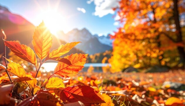 Sunlit autumn leaves highlight a mountain lake scene with orange foliage in the foreground against a backdrop of snow-capped peaks