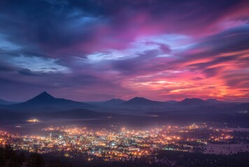 City lights glow beneath a vibrant sunset sky with purple, blue, and orange hues over distant mountains creating scenic vista