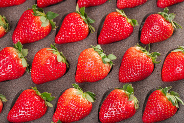 Fresh Organic Red Strawberries Arranged in Rows on Brown Background