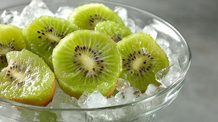 Kiwi chunks in a clear glass bowl filled with crushed ice, fresh condensation on the fruit, photographed from a 45-degree angle with soft shadows,