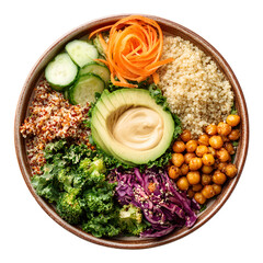 Nutritious buddha bowl with quinoa, avocado, chickpeas, kale, broccoli, cabbage, cucumber, and carrots, top view studio shot
