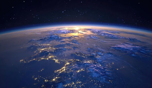 Earth from space, sunrise over continents