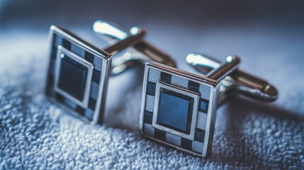 Elegant silver cufflinks with black and gray checkerboard design on luxurious fabric background, stylish accessory for men