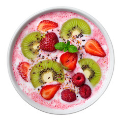 Fruit smoothie bowl with kiwi, strawberry, and raspberry slices, garnished with mint and seeds, presented in a white ceramic dish, top-down view.

