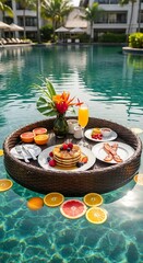 Obraz premium Floating breakfast tray with pancakes, fruit, and bacon in a swimming pool. A beautiful arrangement of food and drinks, presented in a unique way, amidst lush greenery and a tranquil resort setting.